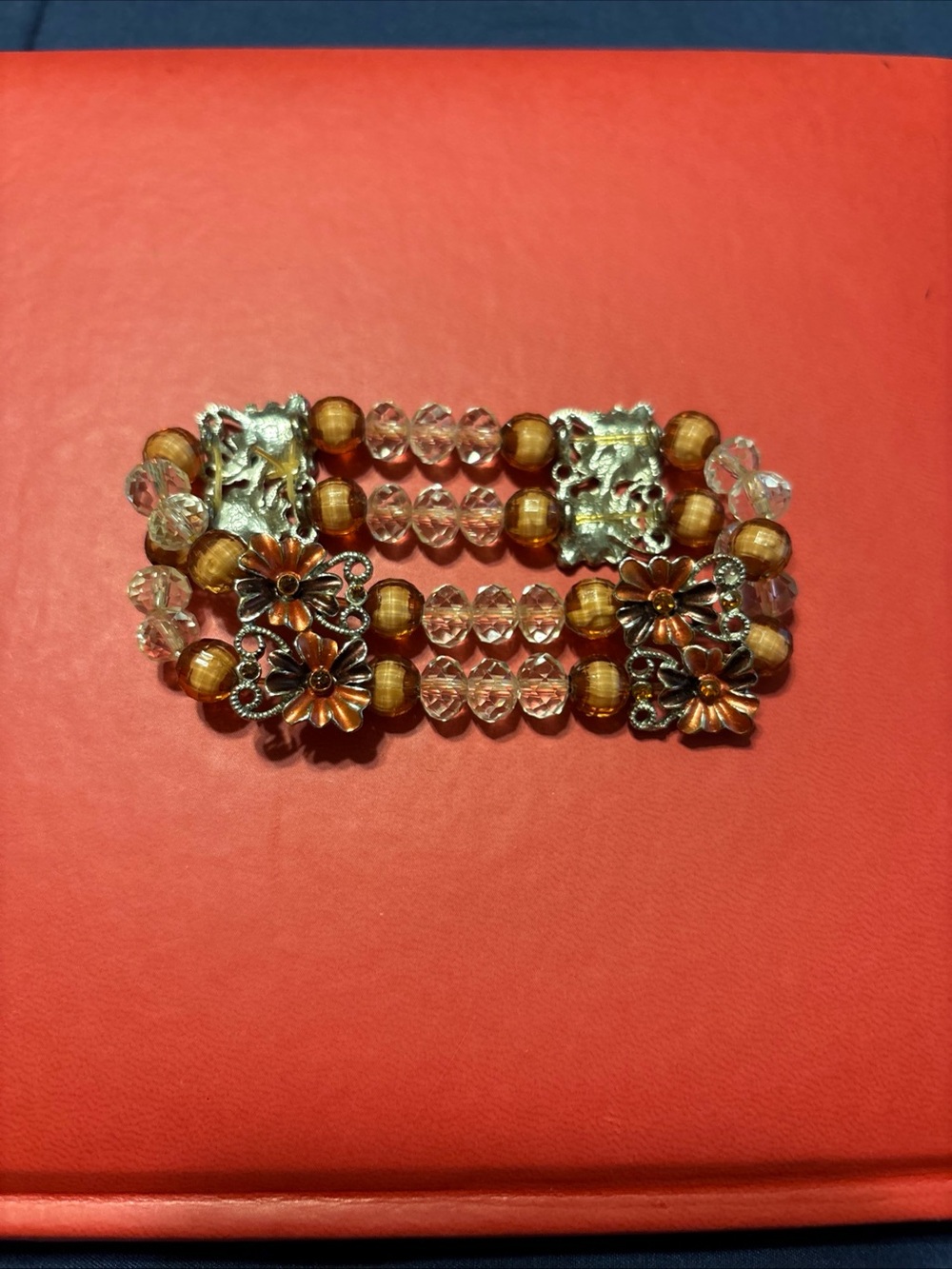 Women’s Brown and Clear Beaded Stretch Bracelet with Floral Accents